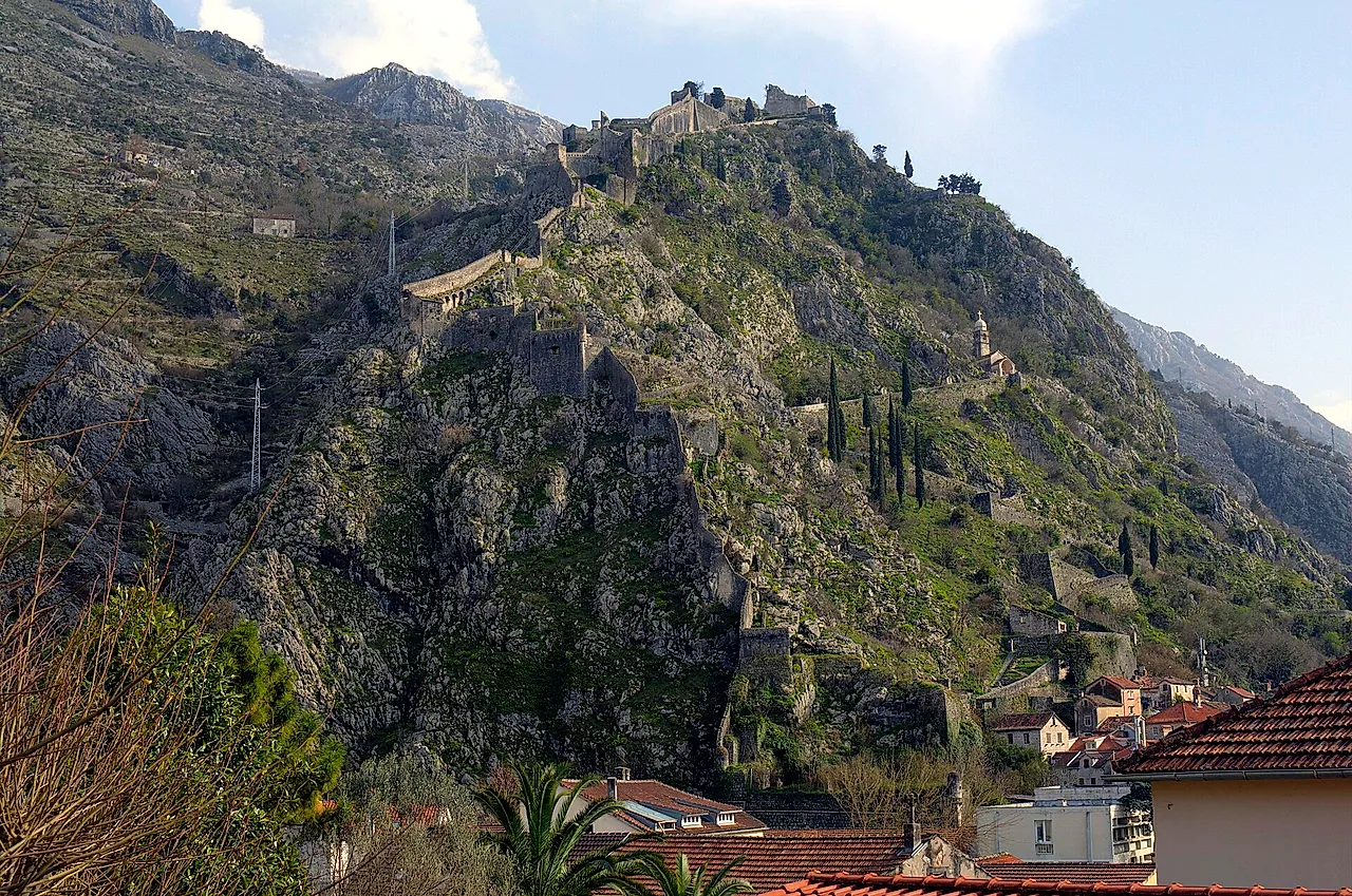 The zigzag walls climbing the hill to St John’s Fortress above the roofs of Kotor