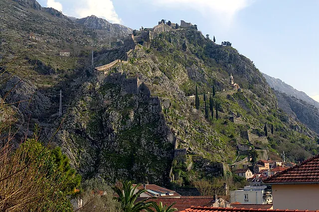 The zigzag walls climbing the hill to St John’s Fortress above the roofs of Kotor